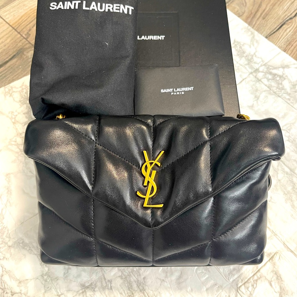 Saint Laurent Black Quilted Shoulder Bag with Gold Logo